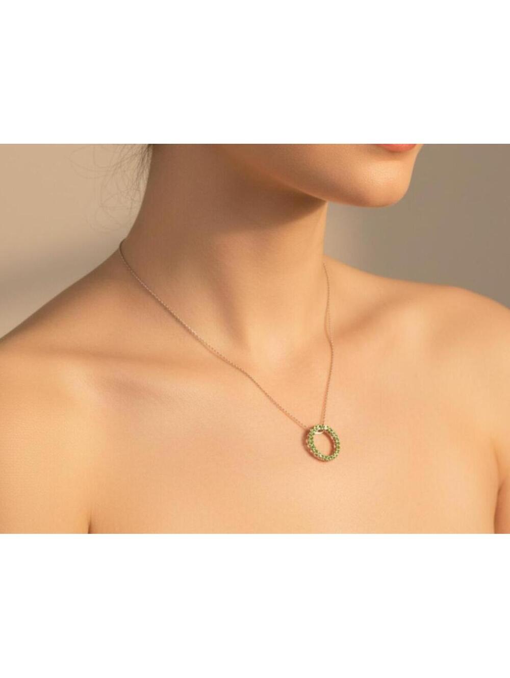 NECKLACE Silver Necklace with Green Gemstone Circle Pendant 16"